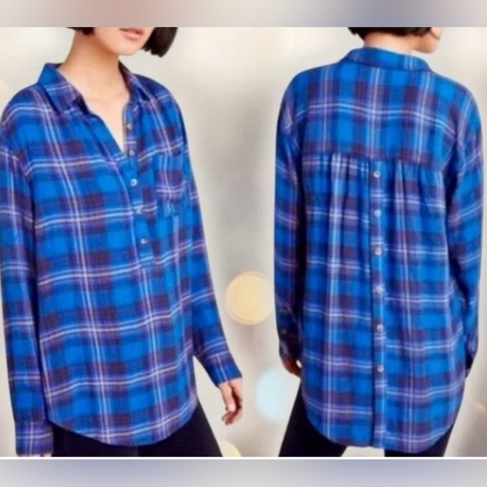 Anthropologie Isadora Blue Plaid Back Button Oversized Blouse - Size XS